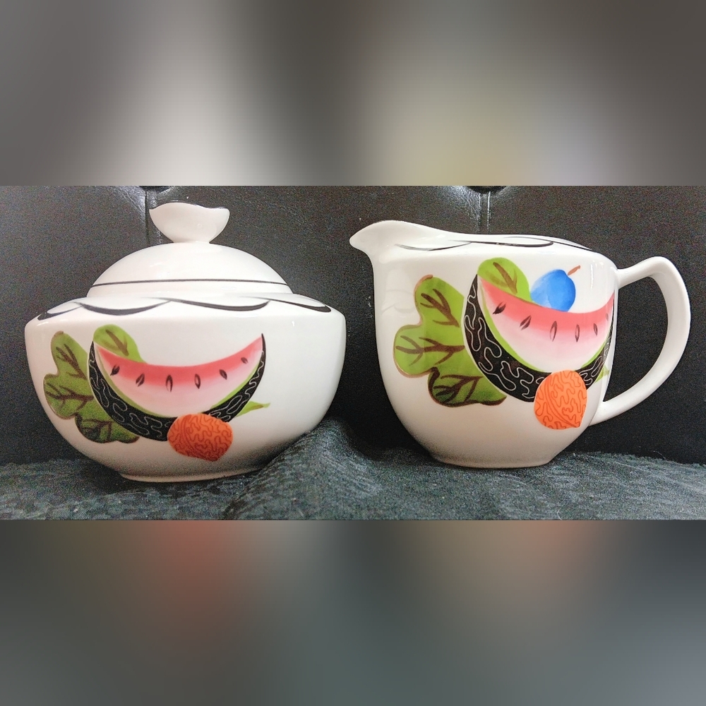 Mikasa Cream & Sugar Set Hand Painted Fruit Artist Larry Laslo Gorgeous!